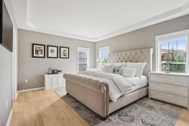 1766 Derby Ln, Oconomowoc, WI 53066 - bedroom featuring a tray ceiling, light wood finished floors, and multiple windows