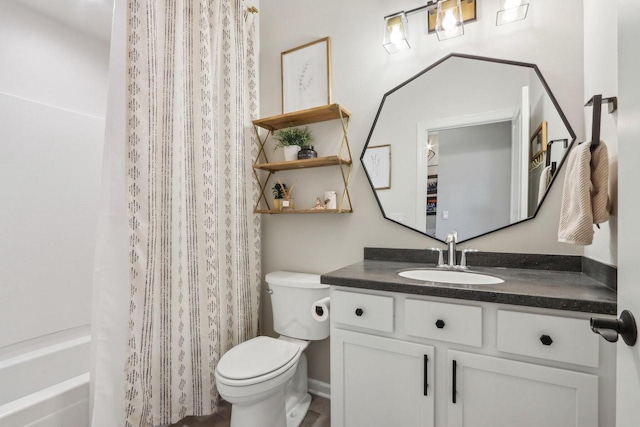 1766 Derby Ln, Oconomowoc, WI 53066 - full bathroom with vanity, toilet, and shower / bathtub combination with curtain