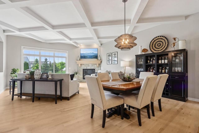 1766 Derby Ln, Oconomowoc, WI 53066 - dining space featuring coffered ceiling, light wood-type flooring, a fireplace, beamed ceiling, and baseboards