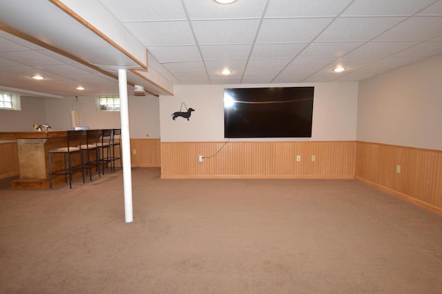 1781 Spruce Ct, South Milwaukee, WI 53172 - below grade area with wainscoting, carpet floors, recessed lighting, a paneled ceiling, and bar