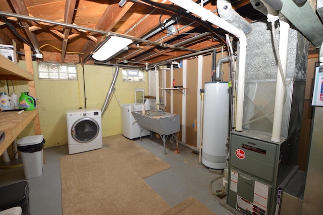 1781 Spruce Ct, South Milwaukee, WI 53172 - below grade area with water heater, washing machine and dryer, a sink, and heating unit