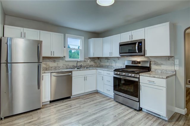 1708 Rist Ave, Eau Claire, WI 54701 - kitchen with stainless steel appliances, a sink, white cabinets, and tasteful backsplash