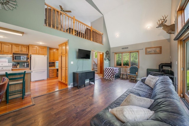 7459 Jensen Rd, Oshkosh, WI 54904 - living room featuring high vaulted ceiling, wood finished floors, ceiling fan, and recessed lighting