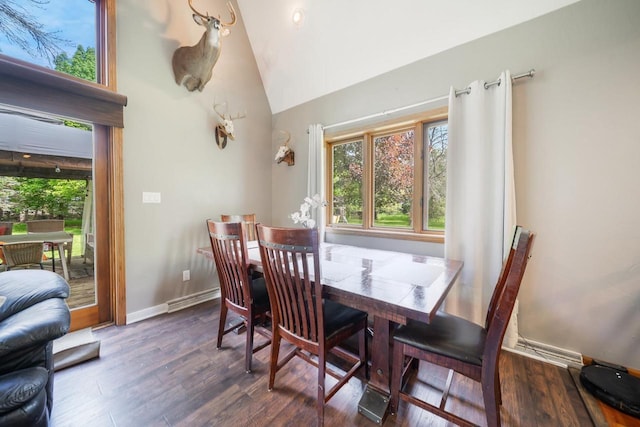 7459 Jensen Rd, Oshkosh, WI 54904 - dining room featuring wood finished floors, high vaulted ceiling, and baseboards