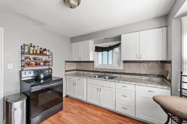 4131 N 41st St, Milwaukee, WI 53216 - kitchen featuring electric range, a sink, backsplash, light wood-type flooring, and white cabinets