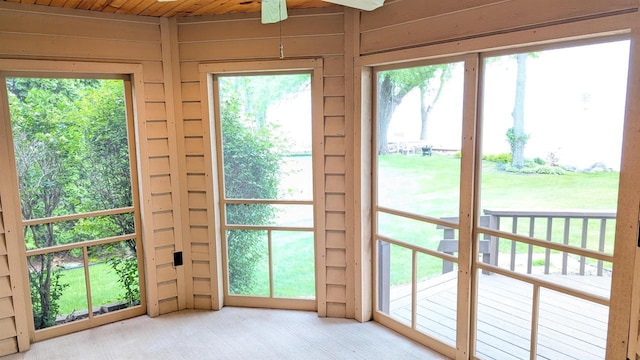 N8292 Deadwood Point Rd, Fond Du Lac, WI 54937 - entryway featuring carpet, healthy amount of natural light, ceiling fan, and wood walls