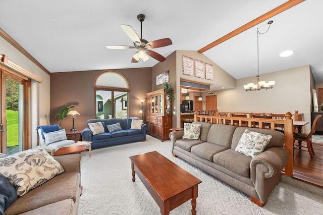1420 Hidden Fields Dr, West Bend, WI 53095 - carpeted living room with healthy amount of natural light, a chandelier, and a ceiling fan