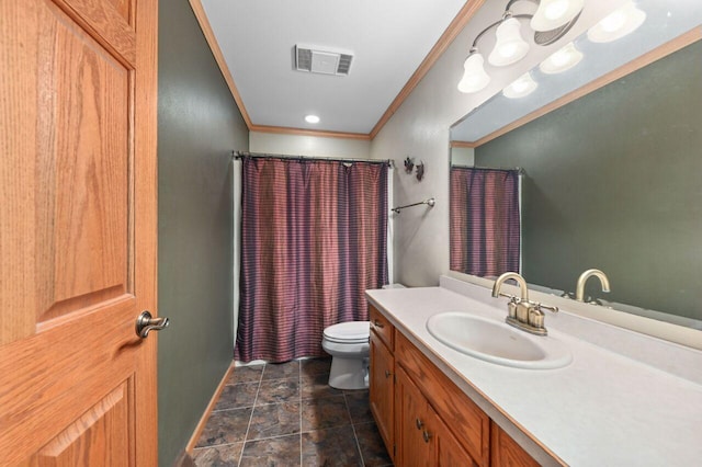 1420 Hidden Fields Dr, West Bend, WI 53095 - full bathroom with crown molding, vanity, toilet, stone finish flooring, and a shower with curtain