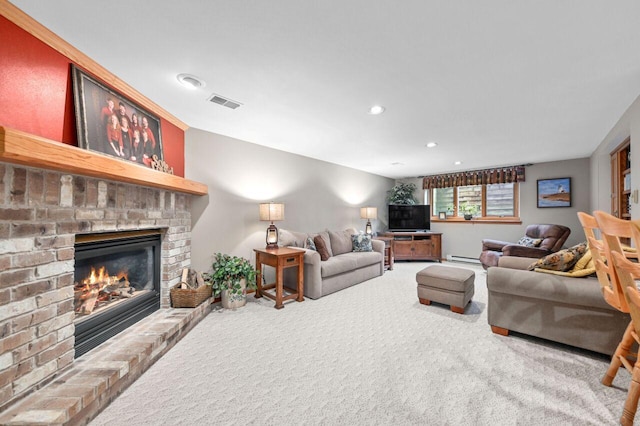 1420 Hidden Fields Dr, West Bend, WI 53095 - carpeted living room featuring a brick fireplace and recessed lighting