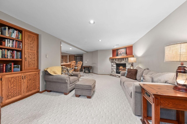 1420 Hidden Fields Dr, West Bend, WI 53095 - living area featuring light carpet, baseboards, a lit fireplace, and recessed lighting
