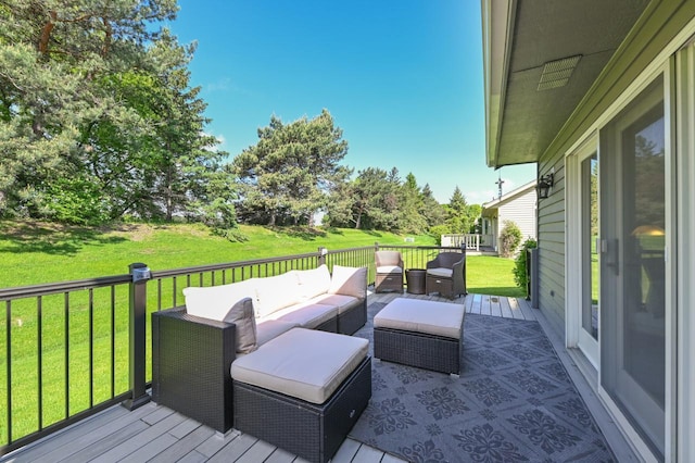 1420 Hidden Fields Dr, West Bend, WI 53095 - wooden deck with an outdoor hangout area and a lawn