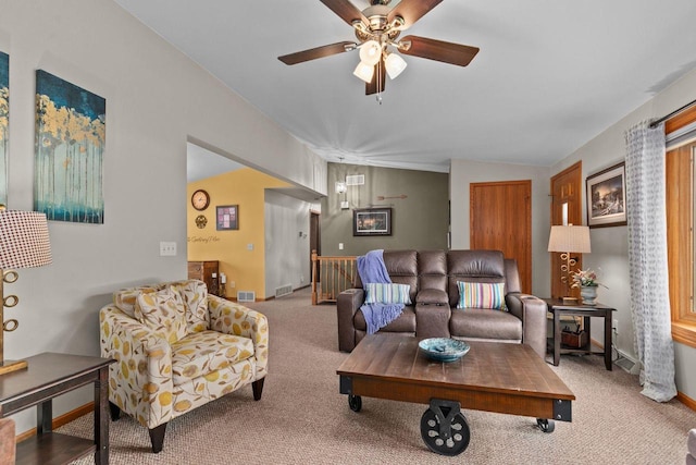 557 Center St, Berlin, WI 54923 - carpeted living room featuring ceiling fan, baseboards, and lofted ceiling