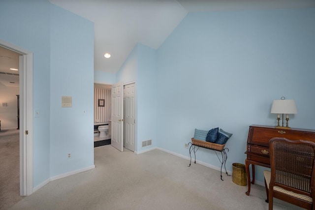8707 Westlake Dr, Greendale, WI 53129 - carpeted home office featuring lofted ceiling, baseboards, and recessed lighting