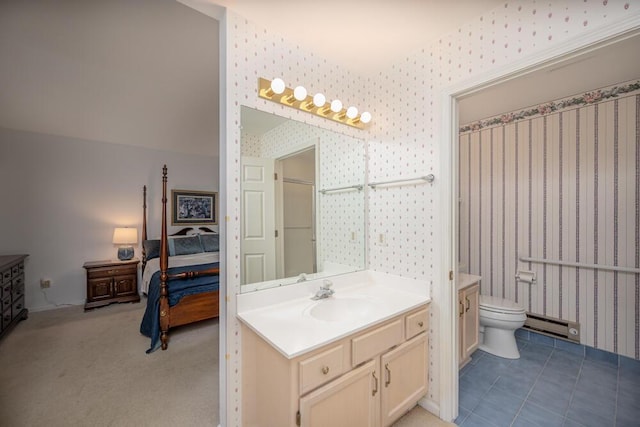 8707 Westlake Dr, Greendale, WI 53129 - full bath featuring wallpapered walls, vanity, toilet, and a baseboard heating unit