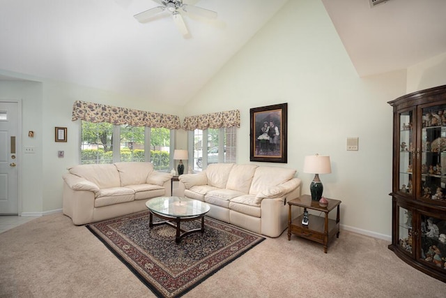8707 Westlake Dr, Greendale, WI 53129 - living room with carpet flooring, high vaulted ceiling, ceiling fan, and baseboards