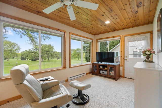 119 Summit Ct, Columbus, WI 53925 - living room with baseboard heating, healthy amount of natural light, wooden ceiling, light colored carpet, and ceiling fan