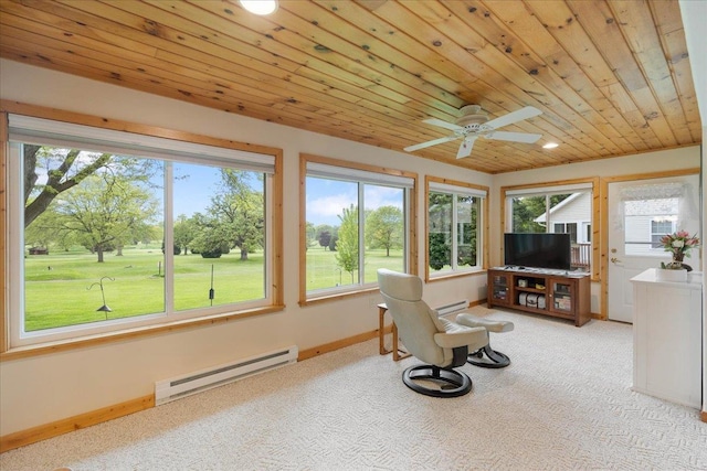 119 Summit Ct, Columbus, WI 53925 - living room with a baseboard radiator, wooden ceiling, plenty of natural light, a ceiling fan, and light carpet