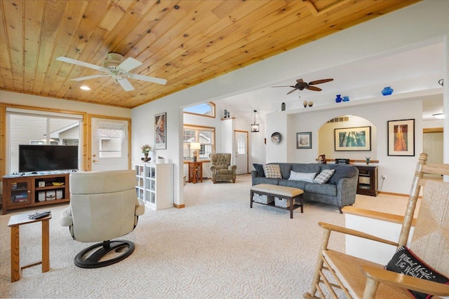 119 Summit Ct, Columbus, WI 53925 - carpeted living area with a ceiling fan, wooden ceiling, baseboards, and recessed lighting