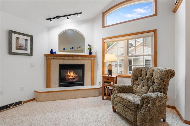 119 Summit Ct, Columbus, WI 53925 - sitting room featuring track lighting, carpet flooring, a tile fireplace, and baseboards