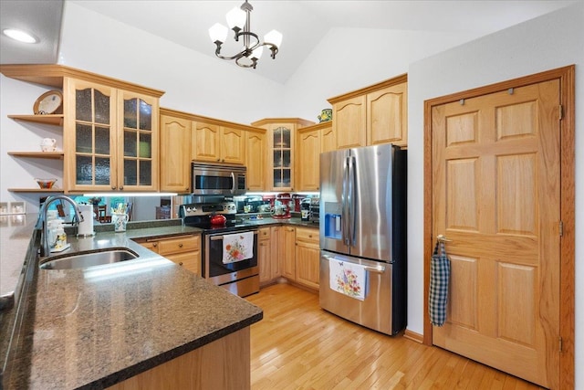 119 Summit Ct, Columbus, WI 53925 - kitchen with appliances with stainless steel finishes, a sink, a chandelier, open shelves, and lofted ceiling