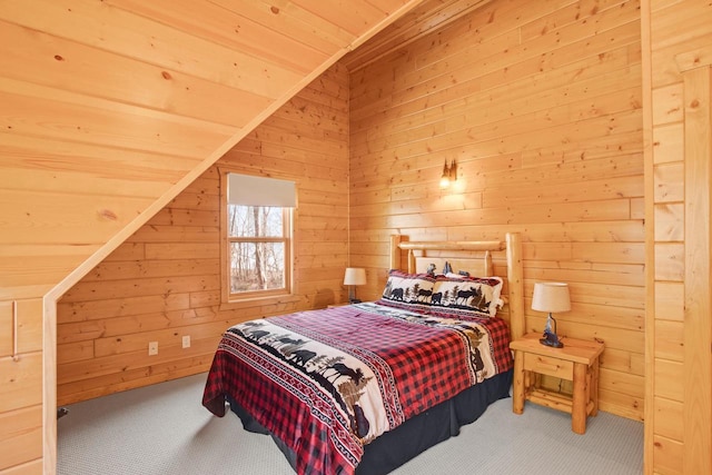 W5271 Southview Dr, Necedah, WI 54646 - bedroom featuring carpet, wood walls, and wood ceiling