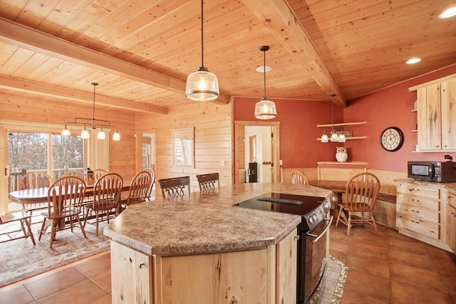 W5271 Southview Dr, Necedah, WI 54646 - kitchen with electric stove, black microwave, wood ceiling with exposed beams, light brown cabinets, and open shelves