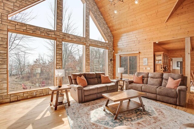 W5271 Southview Dr, Necedah, WI 54646 - living room with high vaulted ceiling, wood-type flooring, wood ceiling, and wood walls