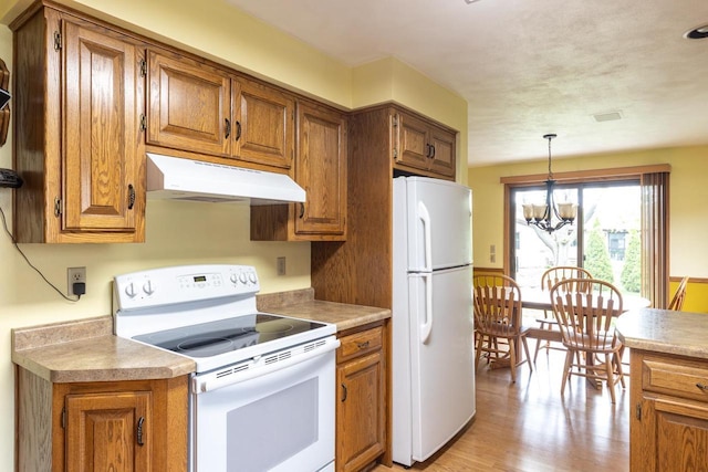 1074 Pendleton Rd, Neenah, WI 54956 - kitchen with white appliances, under cabinet range hood, brown cabinets, and light wood-type flooring