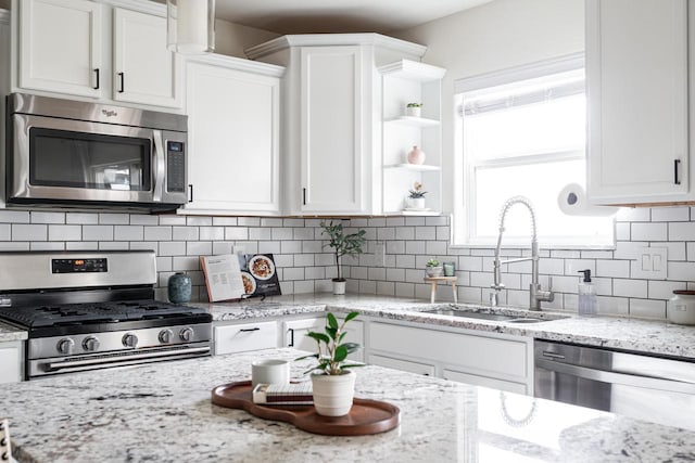 6544 Biscayne Ave, Mount Pleasant, WI 53406 - kitchen featuring stainless steel appliances, a sink, white cabinets, and backsplash