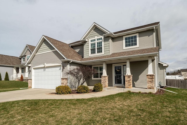 6544 Biscayne Ave, Mount Pleasant, WI 53406 - craftsman-style house featuring a garage, driveway, a porch, stone siding, and a shingled roof