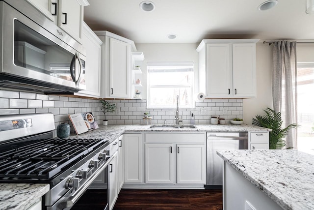 6544 Biscayne Ave, Mount Pleasant, WI 53406 - kitchen with appliances with stainless steel finishes, a sink, white cabinetry, decorative backsplash, and dark wood-style flooring