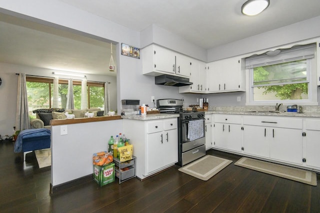 10065 S Cindy Ln, Oak Creek, WI 53154 - kitchen with stainless steel gas stove, under cabinet range hood, a sink, and dark wood-type flooring