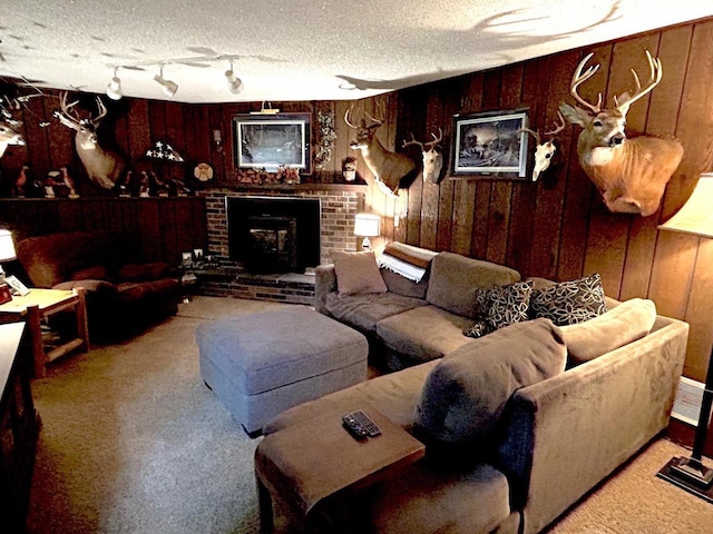 2621 Golf Course Rd, Wisconsin Rapids, WI 54494 - carpeted living area featuring wood walls, a fireplace, and a textured ceiling