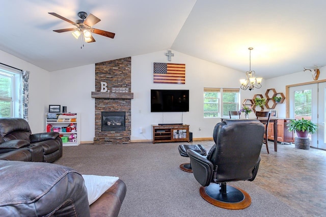 5304 Ski Ln, Weston, WI 54476 - living room featuring a chandelier, plenty of natural light, a ceiling fan, a fireplace, and high vaulted ceiling