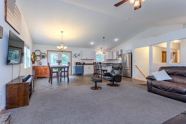 5304 Ski Ln, Weston, WI 54476 - living area featuring lofted ceiling, dark colored carpet, ceiling fan, a chandelier, and recessed lighting