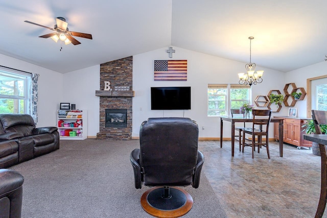 5304 Ski Ln, Weston, WI 54476 - living area with vaulted ceiling, a ceiling fan, a fireplace, and a chandelier