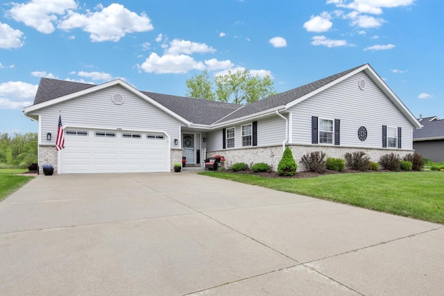 6905 Jamestown Ct, West Bend, WI 53090 - ranch-style house with brick siding, an attached garage, a front lawn, concrete driveway, and roof with shingles