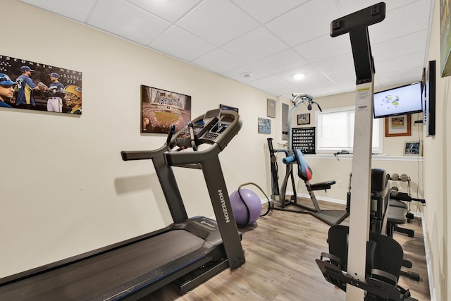 6905 Jamestown Ct, West Bend, WI 53090 - workout room with a drop ceiling, light wood-type flooring, baseboards, and recessed lighting