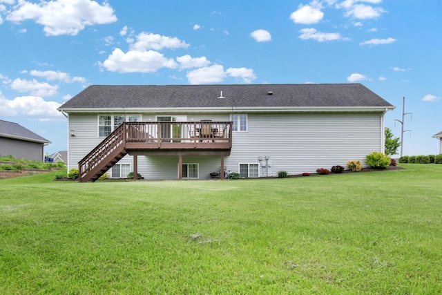 6905 Jamestown Ct, West Bend, WI 53090 - back of house with a wooden deck, a lawn, stairway, and a shingled roof