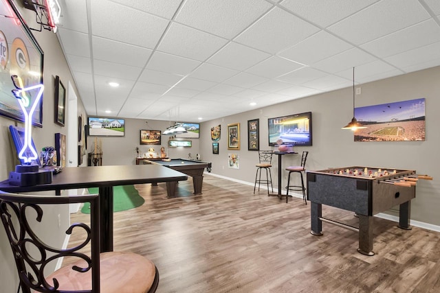 6905 Jamestown Ct, West Bend, WI 53090 - game room with baseboards, wood finished floors, a drop ceiling, billiards table, and recessed lighting