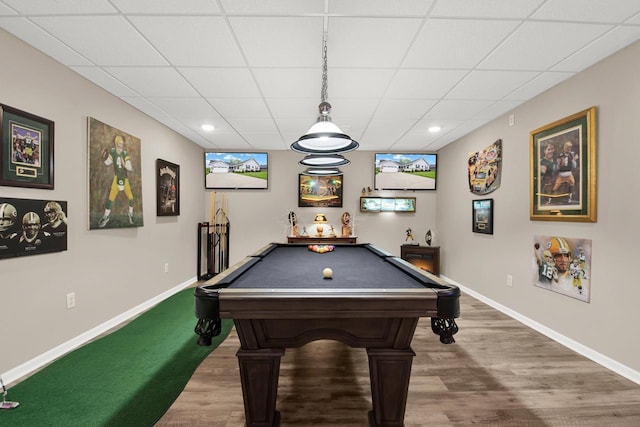 6905 Jamestown Ct, West Bend, WI 53090 - game room with baseboards, billiards, recessed lighting, a drop ceiling, and wood finished floors