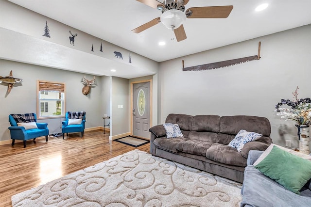 127 Flora St, Pulaski, WI 54162 - living room with wood finished floors, recessed lighting, a ceiling fan, and baseboards