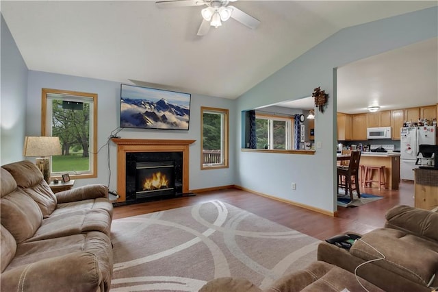 2531 Balsam Ct, Eau Claire, WI 54703 - living area featuring vaulted ceiling, wood finished floors, ceiling fan, a high end fireplace, and healthy amount of natural light