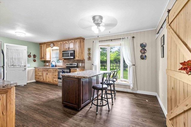 2931 N Ave, Wisconsin Rapids, WI 54495 - kitchen featuring stainless steel appliances, baseboards, dark wood-style floors, a ceiling fan, and healthy amount of natural light