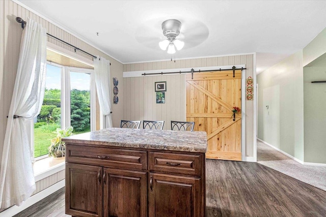 2931 N Ave, Wisconsin Rapids, WI 54495 - kitchen with a ceiling fan, ornamental molding, dark wood-style floors, baseboards, and a kitchen island