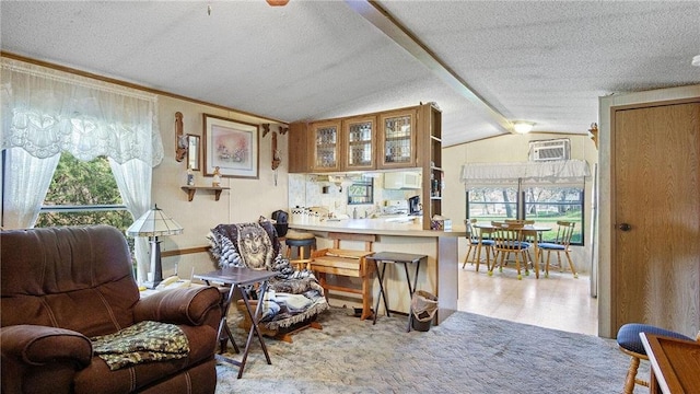 207 State Road 25, Wheeler, WI 54772 - living area featuring a textured ceiling, a wall unit AC, and vaulted ceiling