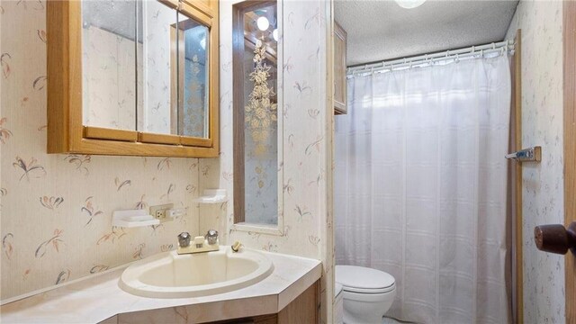 207 State Road 25, Wheeler, WI 54772 - full bathroom with toilet, a textured ceiling, vanity, wallpapered walls, and a shower with shower curtain