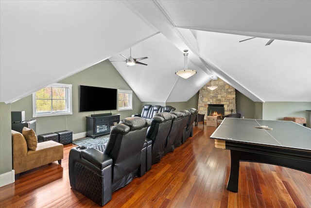 4320 High, Point Beach Lane, Port Washington, WI 53074 - game room with ceiling fan, wood finished floors, a fireplace, and baseboards