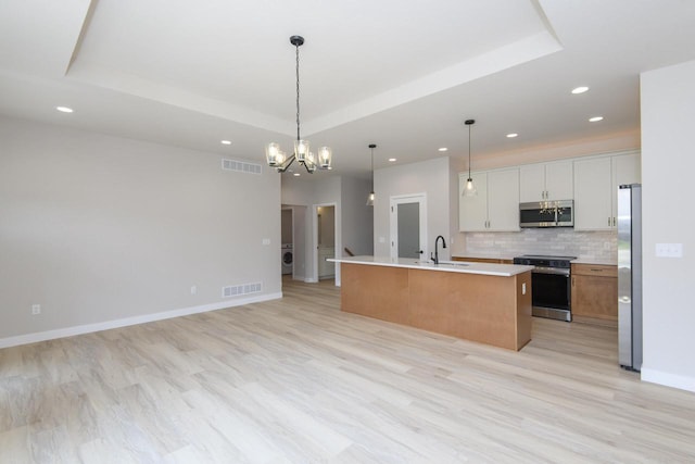 20840 Gray St, Lannon, WI 53046 - kitchen featuring appliances with stainless steel finishes, a sink, a raised ceiling, open floor plan, and recessed lighting