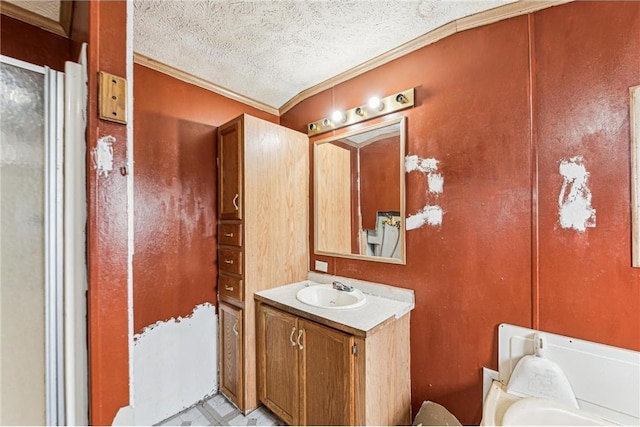 2077A 250th Ave Unit N, Luck, WI 54853 - full bath featuring crown molding, vanity, and a textured ceiling